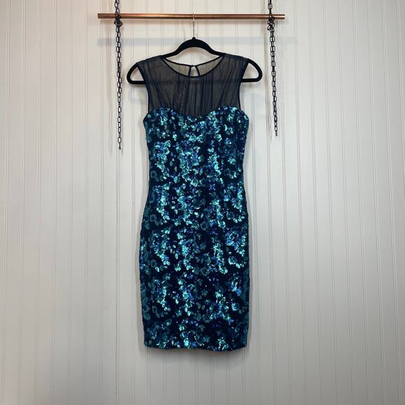 Belle Badgley Mischka Blue Turquoise & Black Sequin Mini Sheath Dress Size 2 - Picture 1 of 7